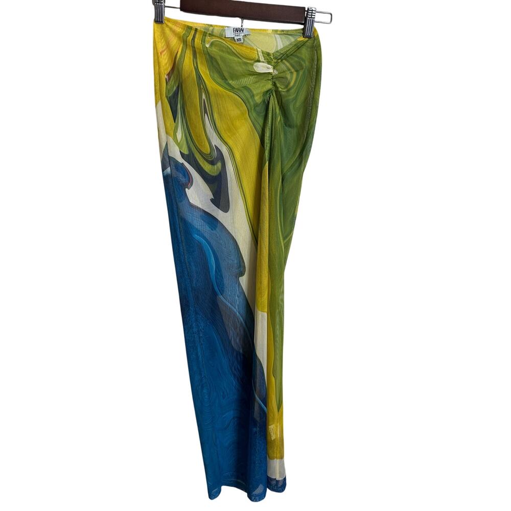 Farai London Abstract Marble Swirl Mesh Midi Skirt Side Slit Ruched size XS